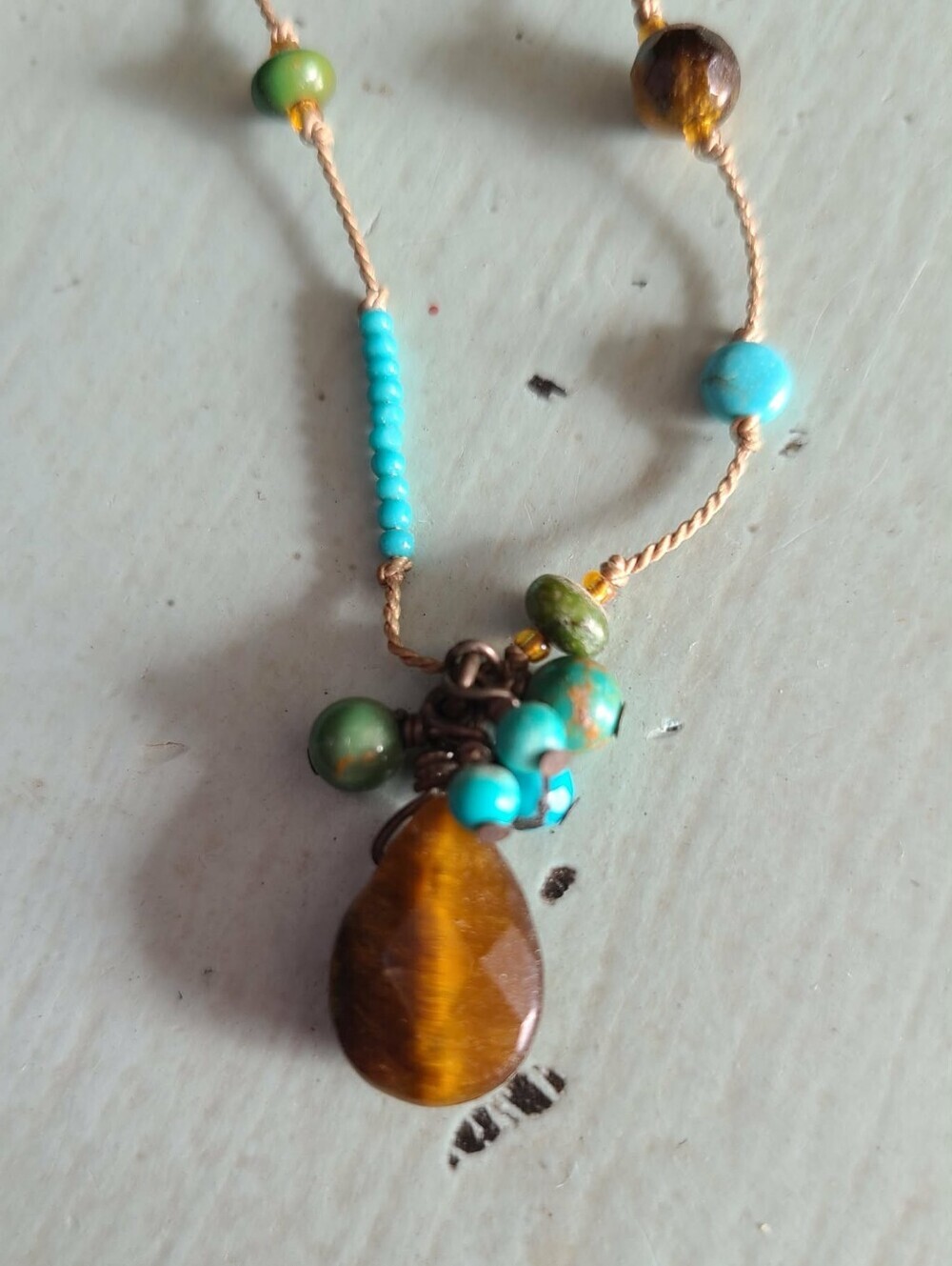 Handmade Turquoise and Tiger Eye Bead Necklace and Earring Set - Picture 2 of 3
